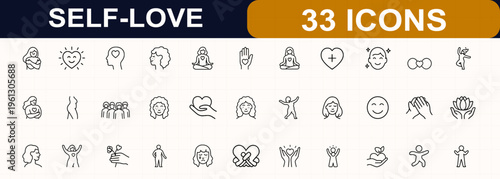 Body positivity and self love line web icons. Diversity, inclusivity, confidence, curvy silhouette, freckles, curly hair, meditation, happiness, mental wellness. Editable stroke. Vector illustration.