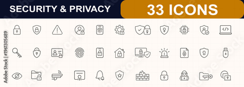 Security and privacy glyph icon set. Cybersecurity, lock, key, fingerprint, shield, passcode, access, encryption, authentication, protection. Editable stroke. Vector illustration.