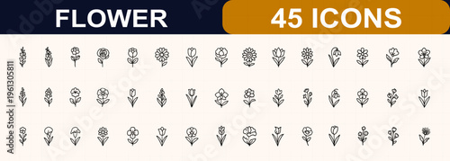 Flower web icons in line style. rose, tulip, daisy, orchid, sunflower, peony, gladiolus, snapdragon, delphinium, botanical floral symbols. Editable stroke. Vector illustration.