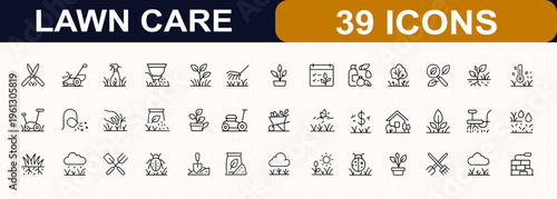 Lawn care and landscaping web icons in line style. mowing, trimming, irrigation, weed control, overseeding, aeration, fertilizer, shrubs, leaves, seasonal cleanup, gardening service. Editable stroke.
