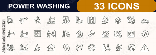 Power washing outline web icons in line style. pressure cleaning, washer machine, patio, deck, fence, siding, garage, window, roof, ladder, exterior service, equipment. Editable stroke. Vector.