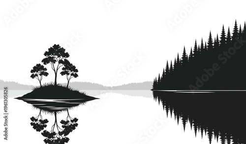 Serene silhouette of trees on a small island and a hill reflected in calm water on a bright day