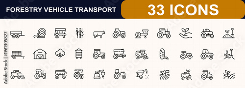 Agricultural and forestry transport line web icons. skidder, trailer, tractor, harvester, irrigation, seed drill, grain, silage, fertilizer, livestock, farm machinery. Editable stroke. Vector.