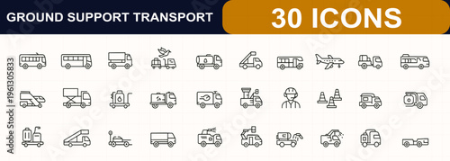 Airport ground support transport icons. Runway inspection, passenger bus, baggage loader, sweeper, generator, fuel truck, tug, stair, aviation service equipment. Editable stroke. Vector illustration.