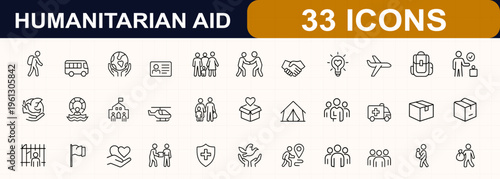 Humanitarian refugee crisis line web icon set. Migration, aid, relief, asylum, shelter, camp, family, rescue, evacuation, border, support symbols. Editable stroke. Vector illustration.