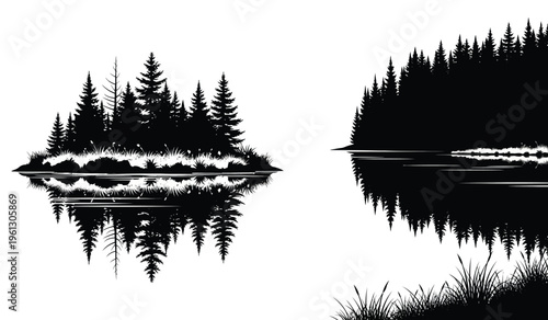 Serene lake reflections featuring forest silhouettes at dusk with calm water surface