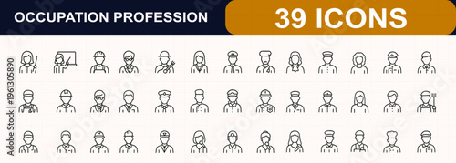 Occupation profession icon set. Doctor, engineer, teacher, police, musician, workforce, career, job, employee, business, staff, team, glyph pictograms. Editable stroke. Vector illustration.