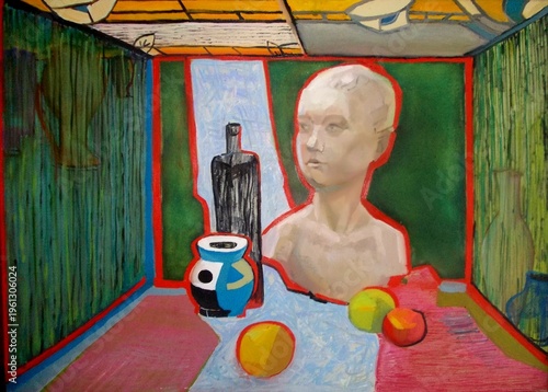 Принти на полотні Colorful still life painting featuring a classical plaster bust, a tall bottle, a geometric vase, and fruit within a surreal perspective room with bold red outlines