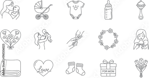 Collection of simple black and white line art icons representing motherhood baby care and maternal love symbols for design