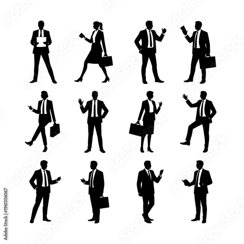 Isolated on a white background are the silhouettes of professional businesspeople in a variety of positions, including men and women standing, strolling, and conversing.
