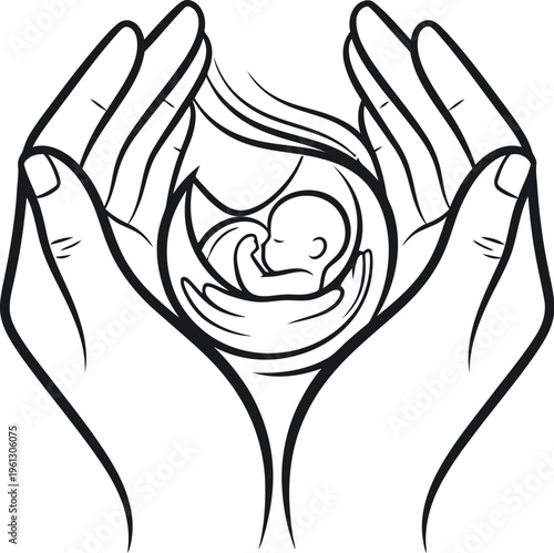 Caring hands protectively cradling a delicate unborn baby or fetus in an abstract black and white line art illustration representing pregnancy, maternity, and new life.