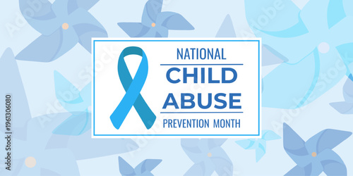 National Child Abuse Prevention Month Banner. Pinwheel pattern . Blue awareness ribbon child protection prevention month campaign. Social support concept for safety, community awareness initiatives