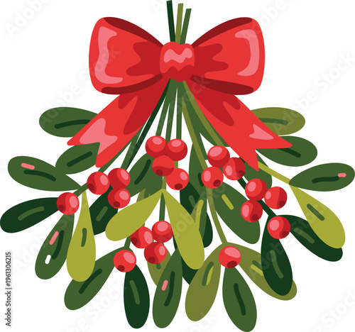 Traditional christmas mistletoe bunch with red berries and a festive red bow, holiday decoration, new year