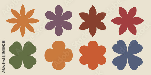 Eight abstract floral shapes in muted earth tones flowers