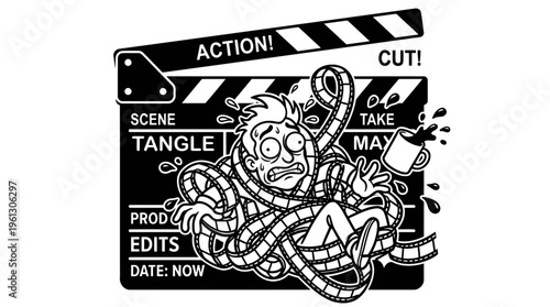 Minimalist Clapperboard with Cartoon Character and Film Strips Line Art, Monochrome Vector Illustration of Video Editing Humor