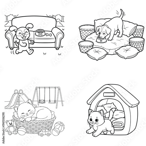 Happy pets coloring pages: playful puppy, cats in basket, kitten dog house line art
