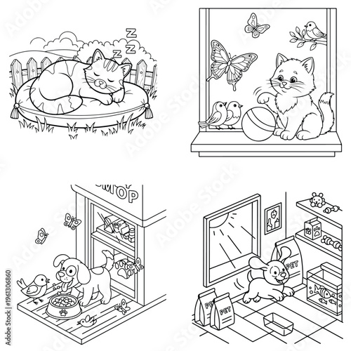 Cute cat with butterflies, dog eating, outline illustration for coloring fun, black and white