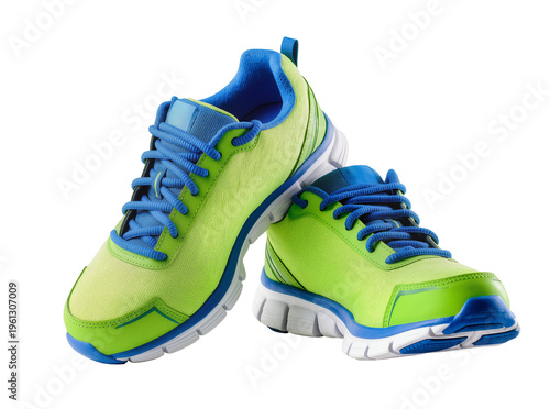 Bild auf Leinwand Isolated vibrant green and blue sports sneakers for active workouts and healthy