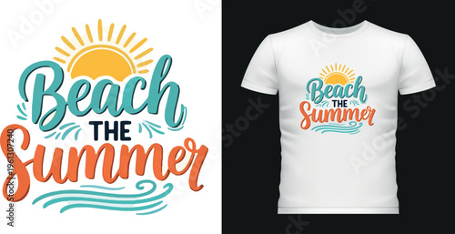 Beach the summer typography with sun and waves graphic design