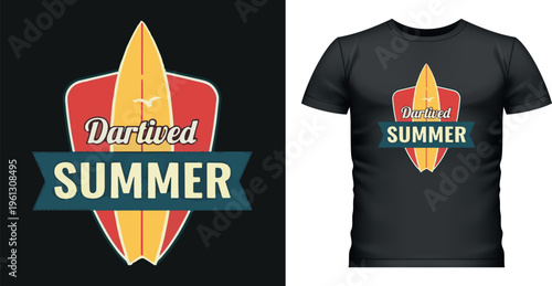 Summer t-shirt graphic with surfboard and seagull design