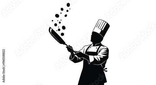 Chef, cooking, kitchen, illustration, black silhouette, frying pan