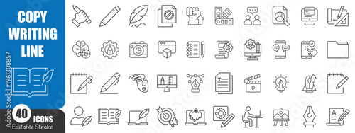 Copywriting Line Icons Set – Content Creation, Writing, Marketing and Editing Outline Vector Collection