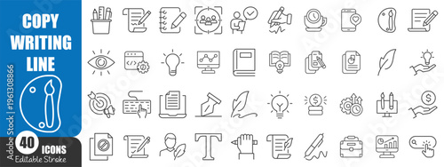 Copywriting Line Icons Set – Content Creation, Writing, Marketing and Editing Outline Vector Collection