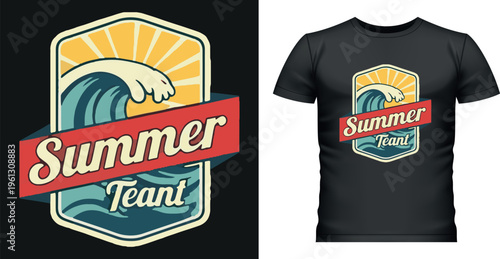 Summer t-shirt graphic with ocean wave and sun design