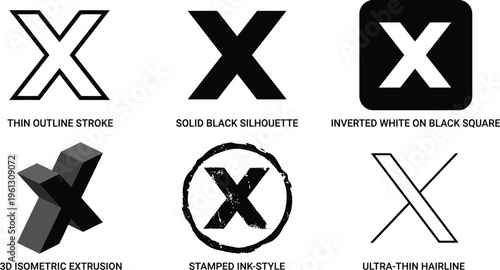 X Twitter Icon Set — Outline, Solid, Inverted, 3D Isometric, Stamped Ink, Ultra-Thin Hairline 6-Style Flat Vector Logo Icon Collection
