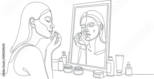 Elegant continuous line art drawing of a woman applying a cosmetic serum to her face while looking at her reflection in the mirror during her daily self-care beauty routine.