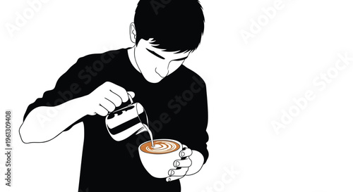 Vector man pouring coffee, latte art design, coffee cup illustration, beverage concept