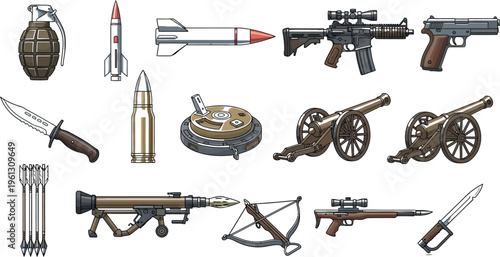 Collection of various military and combat weaponry including firearms, explosives, projectiles, and close-quarters fighting tools displayed together.
