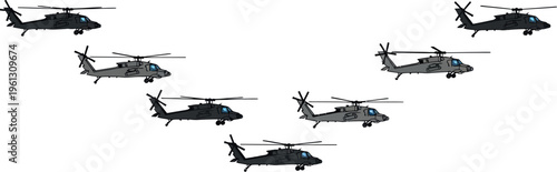 Seven military attack helicopters flying in a precise v-formation demonstrating aviation power and coordinated aerial maneuvers against a white background.