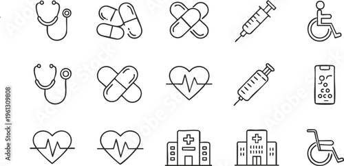 Medical Healthcare Icons Set – Bandage, Heartbeat and Hospital Line Vector