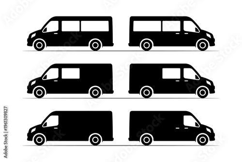 Various minibus models icon. Black silhouette. Side view. Vector simple flat graphic illustration. Isolated object on a white background.