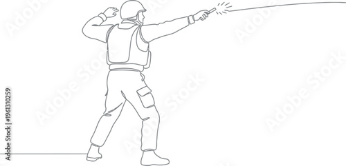 Continuous line art drawing depicts a soldier wearing a helmet and vest throwing a device like a grenade or flare with determination and focus during an intense action scene.