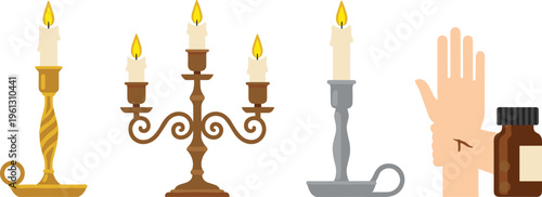 Vintage Brass and Silver Candelabra Set with Lit Candles and Medical First Aid Icons Featuring Wounded Hand and Ointment Bottle for Retro Designs