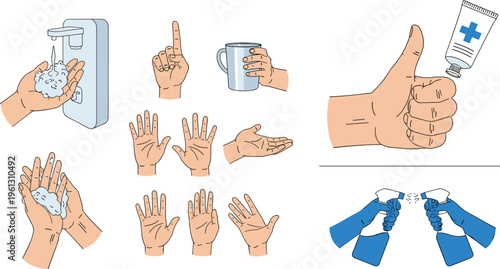 Large Collection of Stylized Hand Hygiene Vector Icons Featuring Hand Washing Sanitizing Spray Soap Dispenser and Protective Glove Illustrations