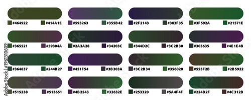 Dark aesthetic color palette collection, 16 professional moody gradients with hex codes, deep forest green and purple swatches for UI design