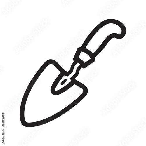 A clear outline illustration of a garden trowel viewed from above on a white background.