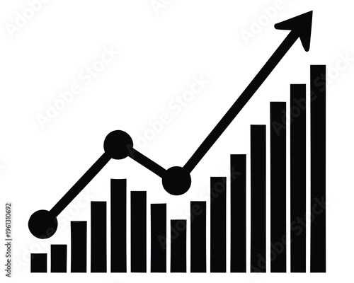 A black and white graph showing an upward trend with bars and a line