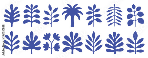 Blue leaf and palm tree silhouettes on white background