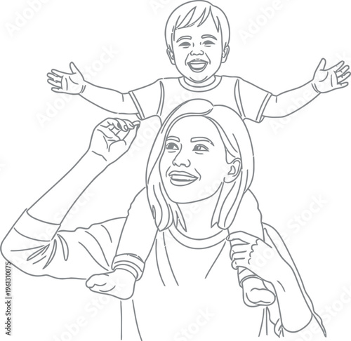Smiling mother giving a piggyback ride to her happy child, both displaying joyful expressions with outstretched arms in a clean line art illustration.