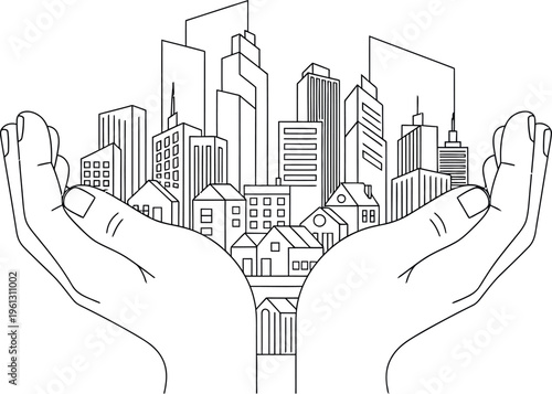 Line art illustration depicting two cupped hands carefully holding and protecting a miniature diverse city skyline and residential neighborhood buildings.