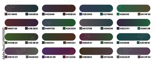 Dark gradient color palette set, 16 professional swatches with hex codes, moody aesthetic color guide for UI design and digital art