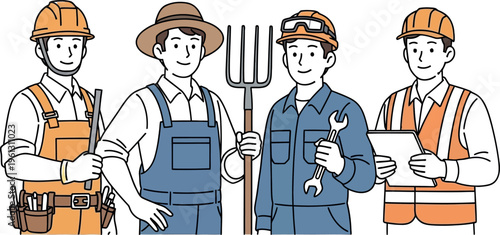 A group of four smiling men from different essential professions, including construction, farming, and mechanics, stand together as a diverse workforce illustration.