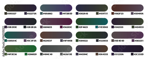 Dark moody color palette collection with hex codes, professional gradient swatches for UI design, 16 elegant deep tone color schemes for web and graphic projects