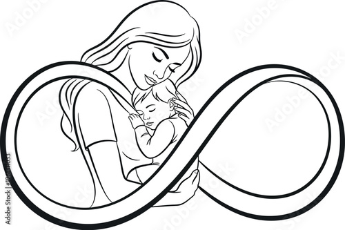 Beautiful line art illustration showcases a loving mother embracing her sleeping baby, symbolizing the profound, tender, and infinite bond of motherhood, family, and endless maternal love.