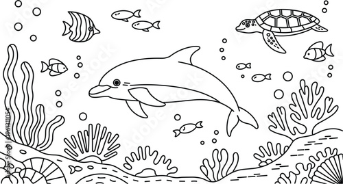 A black and white illustration of a dolphin swimming with fish and a turtle underwater