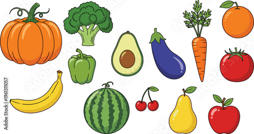 Organic fruit and vegetable vector collection. Flat icons of pumpkin, broccoli, avocado half, eggplant, watermelon, banana, and cherries for healthy food design.